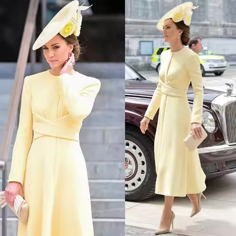 Princess Dress Kate Middleton Yellow Dress long Sleeve Women Dress