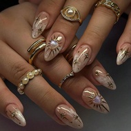 10pcs XS/S/M Almond Shaped Fake Nails, Gold French Tip, 5D Heart Rhinestone Decor, Glossy Acrylic Ma