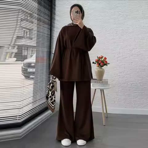 Ramadan Women Muslim Eid Belted Tracksuit Set Modest Islamic Clothing Tops and Pants Suit Islam Outf