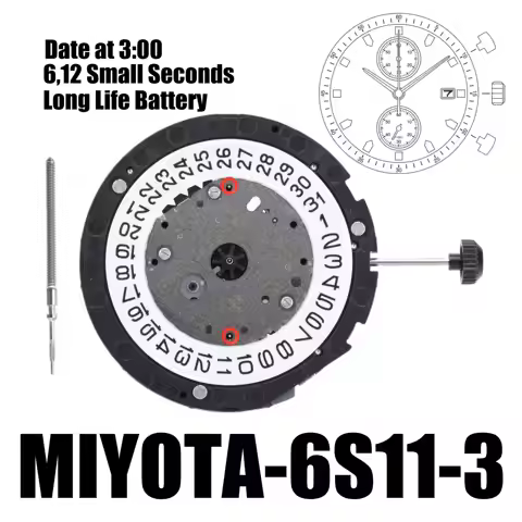 6S11 Movement Miyota 6S11 Movement Chrono min/sec,1/20 second Chronograph 6S11-3 movement Size:15'''