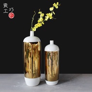 S/🌔European Style Gold Painting Craft Ceramic Floor Stand Vase Floor Large Bottle Household Living Room Vase Ornament De