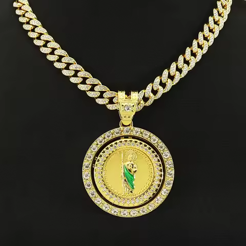 Men's Hip Hop Rotatable St. Jude San Judas Pendant Necklace with Cuban Chain Religious rotation Sain