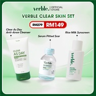 VERBLE Clear Skin Set Verble Serum Pitted Scar + Rice Milk Sunscreen + Clear As Day Anti-Acne Cleans