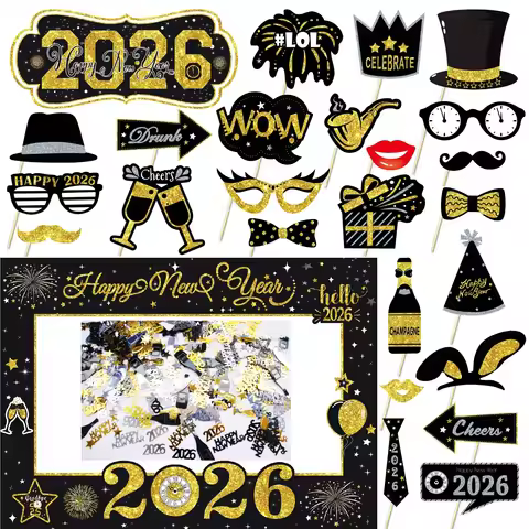 1/2/29/32pcs Happy 2026 gold glitter Happy New Year Frame Photobooth Prop Glitter For Men Women birt
