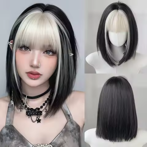 7JHH WIGS Short Straight Black Highlight White Wig for Women Synthetic Modest Fashion Wear and Go Bo
