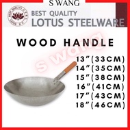 (13"-18") Deep Shape Steel Caldron Wok Kuali Besi Kuali Tomyam With Wood Handle Metal Wok Kuali Goreng Carbon Steel