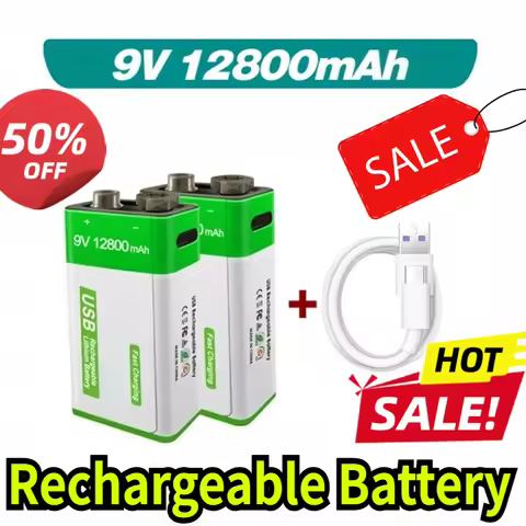 Rechargeable 9V Battery,12800mAh Large Capacity 9 Volt Li-Ion Batteries Charge with Type-C Cable, fo