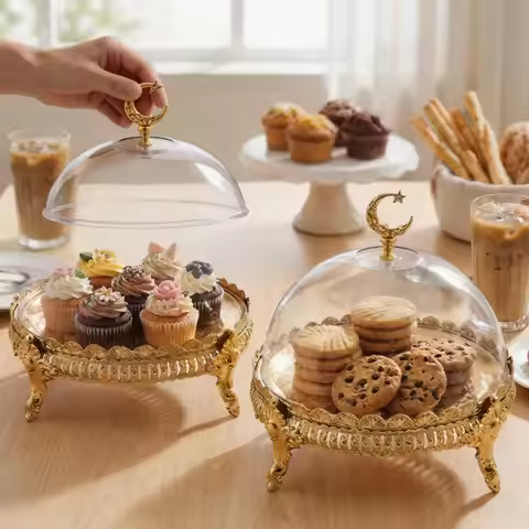7.8inch Ramadan Serving Tray Round Eid Mubarak Plates with Dome Lid Dessert Stand for Kitchen Dining