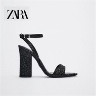 Zara Women's Shoes Black Silver Purple Glitter Thick High Heel Round Toe Flat Strap High Heel Sandals