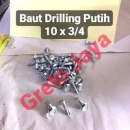 ( 10x3/4 ) Baut Drilling Putih Self Drill Roofing Baja Ringan Galvalum