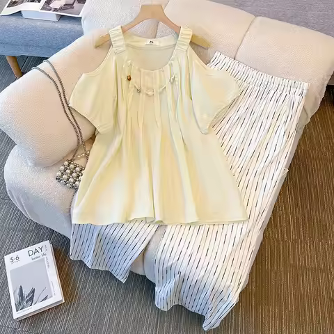 150Kg Plus Size Women's Bust 155 Summer Lazy Travel Style Loose Top Pants Set 5XL 6XL 7XL 8XL 9XL
