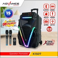 Advance K1507 Speaker Bluetooth Portable ukuran 15 inch Dengan Handle Koper FREE 2 Microphone Wireless