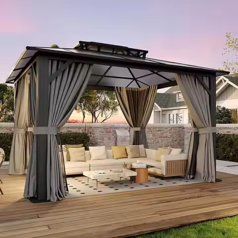 10'x12' Hardtop Gazebo Outdoor Permanent Gazebo with Double Polycarbonate Roof Canopy, Aluminum Fram