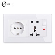 COSWALL Wall Crystal Glass Panel 16A EU Socket + 13A Universal Switched Socket With Neon Grounded Wi