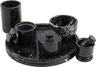 Radicaln Marble Serving Tray with Accessories 10" Round Handmade Ideal Decorative Tray for Farmhouse Kitchen Décor Mortar and Pestle Popcorn Bowl, Utensil Caddy &amp; Salt Cellar (Black)