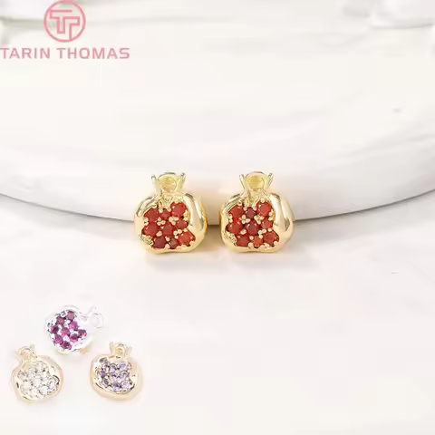 (1467)4PCS 10.5x9.5MM 24K Gold Color Plated Brass with Zircon Pomegranate Charms Pendants High Quali