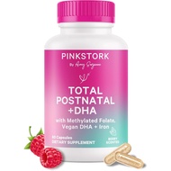 Pink Stork Total Postnatal Vitamins for Women with Vegan DHA, Iron, Folate, and Vitamin B12, Postpar