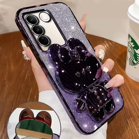 Luxury Glitter Plating Mirror Rabbit Holder Case for VIVO V50 V40 V30 V29 V25 E Pro Lite 5G Back Sho