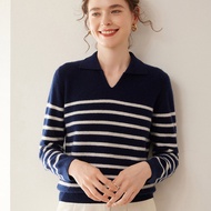 DAIFEINI | เสื้อ cashmere คอปก ลายขวาง 12-gauge