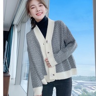 E1 Women's woolJacket loose V-neck knitted cardigan with herringbone pattern, outstanding Korean sty