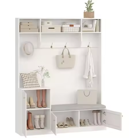 in Hall Tree 5-in-1 Modern Entryway Bench with Coat Rack & Storage, Hall Tree with 4 Hanging Hooks, 