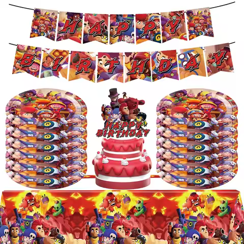 Kids Birthday Party Tableware Brawl Stars Paper Cups Napkins Tablecloths Paper Plates Banners Gift B