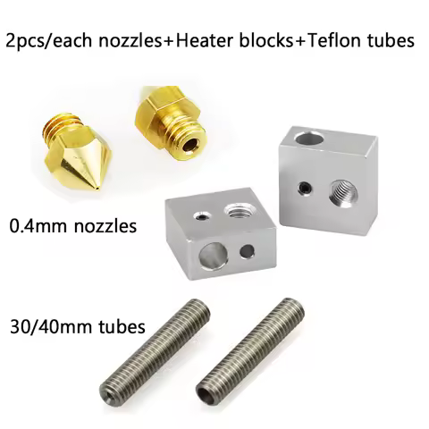 Anet Each 2pcs 0.4mm Nozzles+M6*30mm/40mm PTFE throat Tubes+Heater Blocks Heating Hotend for MK8 Mak