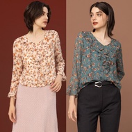 【MEDUSA】荷葉領碎花雪紡上衣 - 2色(M-2L) | 女長袖上衣