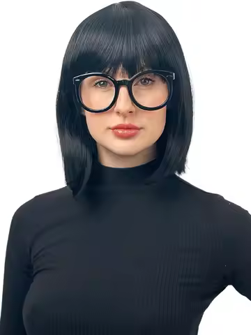 Incredible Edna Mode Wig and Glasses - Black Flapper Bob Wig with Bangs 20s Wig Costume 1920s Flappe