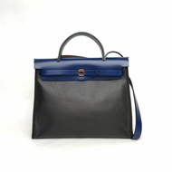 HERMES Herbag3189黑色拼73寶石藍防水帆布/Hunter牛皮C刻銀扣肩背包