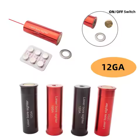 ON/OFF Switch 12 Gauge Bore Sight with 6 Batteries Cartridge Boresighter Laser For 12GA