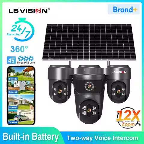 LS VISION Solar Camera 4G Sim Outdoor 4 Lens 4 Screen 12X Zoom PTZ PIR Human Detect 7/24 AOV Camera 