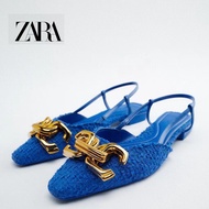 Zara Women's Shoes Blue Fabric Gold Ornaments Flat Mules