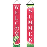 2pcs Welcome Summer Door Banner Watermelon Porch Sign Sweet Fruit Time Front Door Hanging Decor Bann