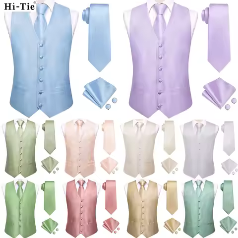 Hi-Tie Solid Voilet Lilac Silk Mens Suit Vest 4PC Woven Waistcoat Tie Pocket Square Cufflink Busines