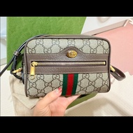 【GUCCI 古馳】 經典ophidia系列GG supreme牛皮拉鍊迷你肩背/斜背包