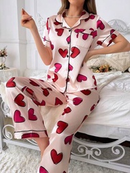 Umamao Estudio 女士短袖緞面釦前上衣和短褲睡衣套裝,具有心形圖案印花