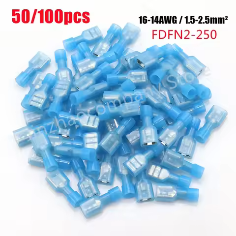 10/100pcs Nylon Female Cable Wire Connector FDFN2-250 FDFN2.5-250 Brass Insulated Spade Terminal Joi
