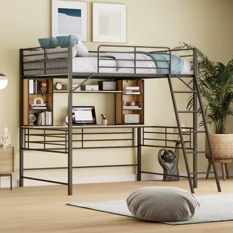 Size Loft Bed with Desk and Shelf , Loft Bed with Ladder
