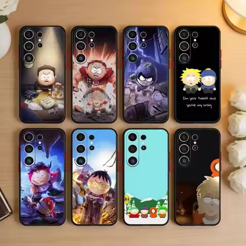 O-South P-Park Cartoon Phone Case For Samsung S26,S25,S24,S23,S22,S30,S21,Ultra,Plus,FE 5G Black Sof