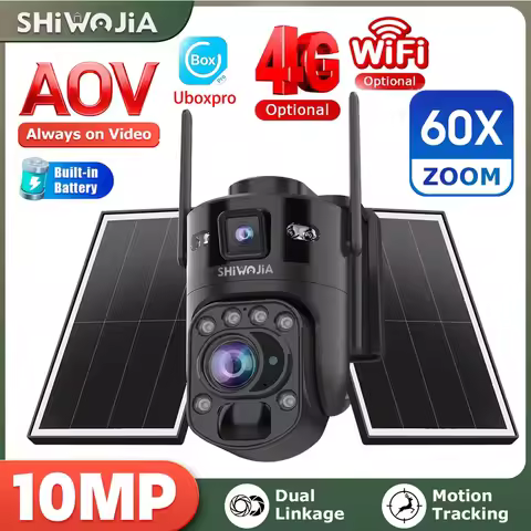 SHIWOJIA 60X ZOOM Solar Camera 4G 10MP AOV 24/7 Video Recording Dual Lens 360° 14W Solar Panel Secur