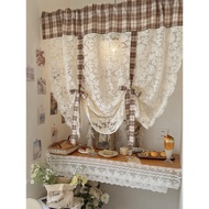 American Retro Literary Style Cloth Patchwork Gauze Wavy Lace Embroidery Lifting Curtain Beige Color