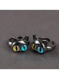 2入組小眾設計怪物黑貓戒指,有趣的大眼睛食指合金戒指,非常適合孩子的禮物