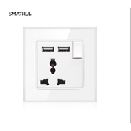 Smatrul Universal USB Switch Wall Socket Wall Power Socket Plug with On Off Glass Panel Ground AC 13