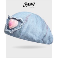 Mũ Nồi Jean Denim Trái Tim Xinh Xắn JBR04 Jussy Oficial Kiểu Mũ Beret Nữ Chất Vải Jean 2 Lớp Phong C