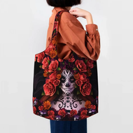 Cute Halloween Catrina Sugar Skull Shopping Tote Bags Reusable Day Of The Dead Mexican Lady Grocery