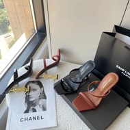 YSL Flat Strap Sandals - Women's Summer Open Toe High Heels with Metal Detail - Genuine Leather
