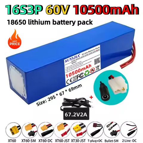 60V 10500mAh High Capacity 16S3P 60V 10.5AH Rechargeable Lithium Battery with BMS for 700W 1500W Mou