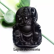 Liontin Batu Akik Asli Black Jade Giok Hitam Motif Dewa Kwan Kong Tembus Senter