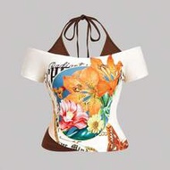 Plus Size 90s Retro Color Block T-Shirt Women,Beige Summer Vacation Holiday 2 In 1 Graphic Tees,Boho